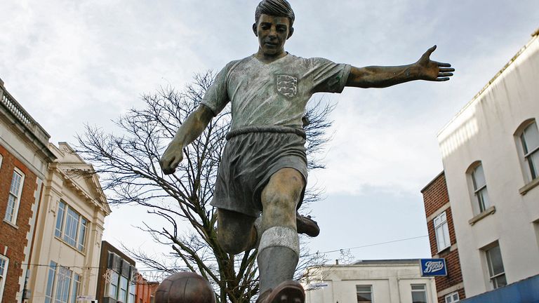 A statue of former Manchester United and England soccer player, Duncan Edwards in the town center of Dudley, England, Saturday, Jan. 5, 2008. The Feb. 6, 1958 Munich air crash, which killed Edwards and seven other Manchester United players 50 years ago, robbed the game of Edwards, one of its greatest emerging stars _ almost certainly the best to wear a England national team shirt.