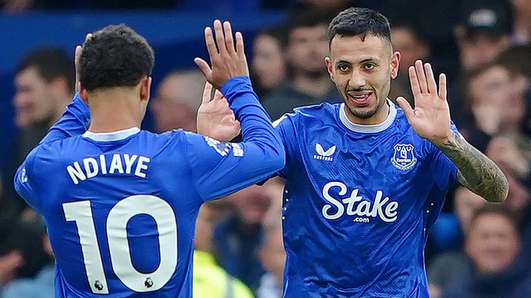 Everton's Dwight McNeil celebrates with team-mate Iliman Ndiaye after putting them 2-1 up