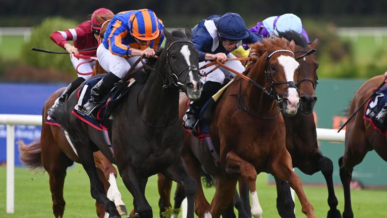 Leopardstown 14-9-24 .Economics and Tom Marquand (dark blue) win the Royal Bahrain Irish Champion Stakes (Group 1) from Auguste Rodin (blue & orange).(Healy Racing)