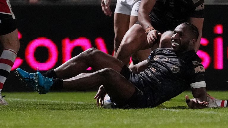 Salford Red Devils v Leigh Leopards - Betfred Super League - Salford Community Stadium
Leigh Leopards' Edwin Ipape celebrates with team-mates after scoring a try during the Betfred Super League match at the Salford Community Stadium, Salford. Picture date: Friday September 27, 2024.