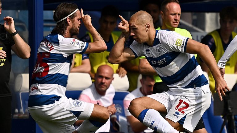 Michael Frey with team-mate Lucas Andersen after scoring against Millwall