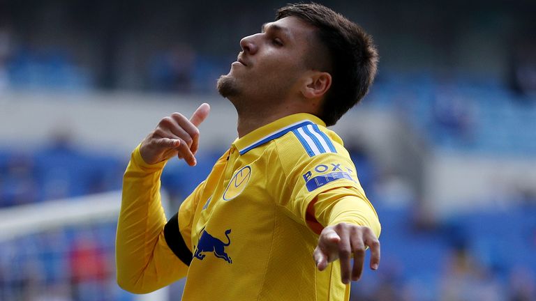 Joel Piroe celebrates after doubling Leeds' advantage at Cardiff