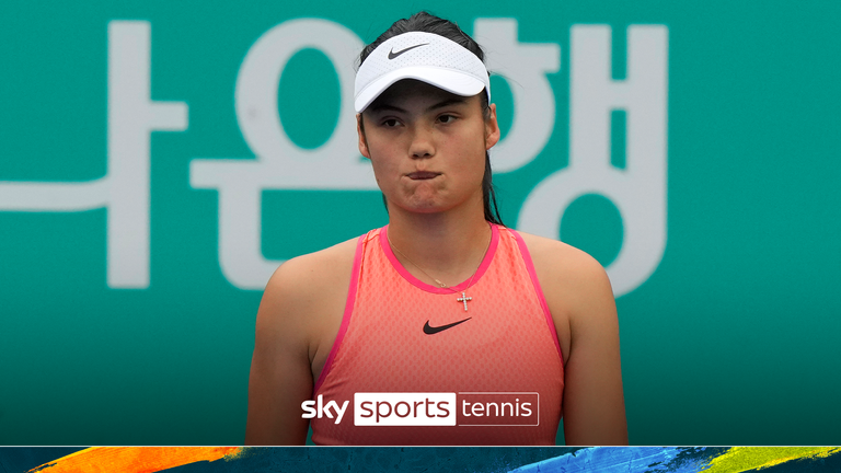 Emma Raducanu of Britain reacts after a play against Daria Kasatkina of Russia during their quarterfinal match of the Korea Open tennis championships in Seoul, South Korea, Saturday, Sept. 21, 2024. (AP Photo/Ahn Young-joon)


