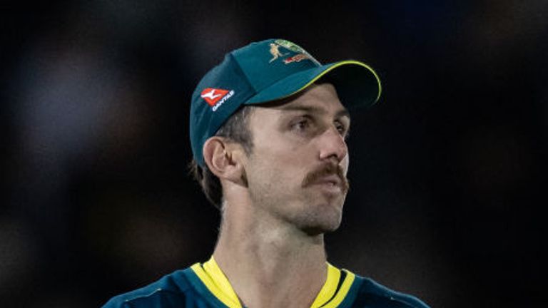 SOUTHAMPTON, ENGLAND - SEPTEMBER 11: Mitchell Marsh of Australia dries the ball during the 1st Vitality T20 International at Utilita Bowl on September 11, 2024 in Southampton, England.  (Photo by Andy Kearns/Getty Images)