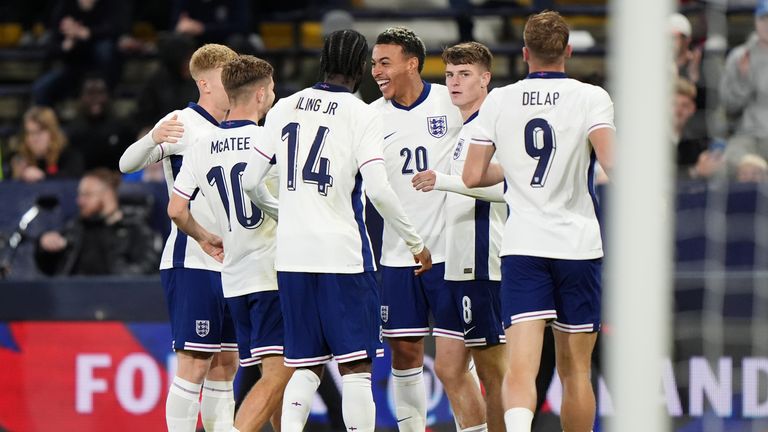 England celebrate Morgan Rogers' goal