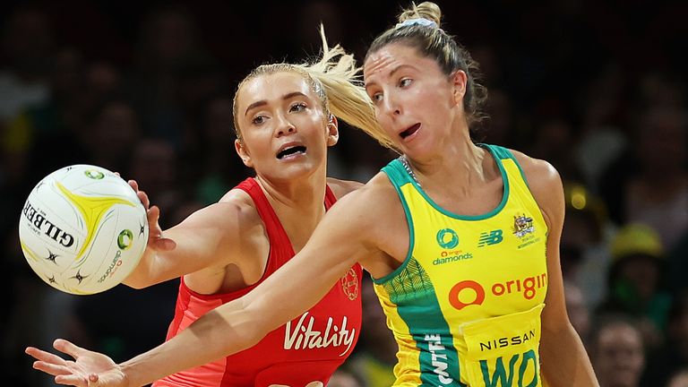 Helen Housby of the Roses and Amy Parmenter of the Diamonds compete for the ball during game two of the international series between Australia Diamonds and England Roses at Qudos Bank Arena on September 22, 2024 in Sydney, Australia. 