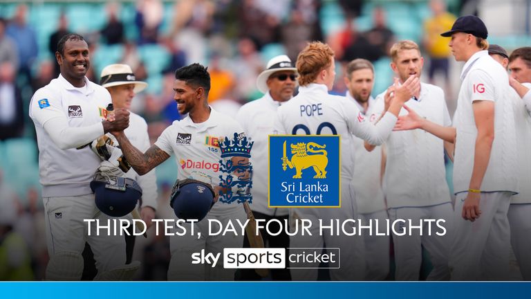 Sri Lanka&#39;s Pathum Nissanka (second left) celebrates with Angelo Matthews after hitting the winning runs as Sri Lanka win by eight wickets on day four of the Third Rothesay Men&#39;s Test at The Kia Oval, London. Picture date: Monday September 9, 2024.