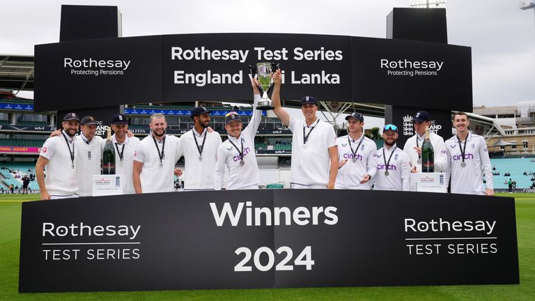 England v Sri Lanka - Third Rothesay Men's Test - Day Four - The Kia Oval
England's Ollie Pope (centre left) and Josh Hull lift the series trophy after day four of the Third Rothesay Men's Test at The Kia Oval, London. Picture date: Monday September 9, 2024.