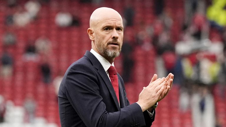 Erik ten Hag applauds Manchester United fans.