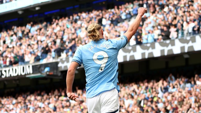 Erling Haaland celebrates his second goal of the game