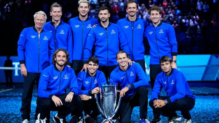 Team Europe with the trophy after they defeated Team World to win the Laver Cup