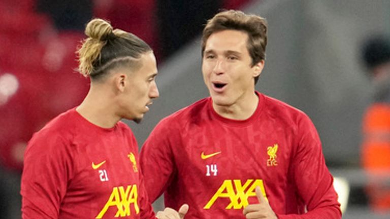 Liverpool's Federico Chiesa speaks to teammate Kostas Tsimikas, left, during warmup before the English League Cup soccer match between Liverpool and West Ham United at Anfield Stadium, Liverpool, England, Wednesday, Sept. 25, 2024. (AP Photo/Jon Super)