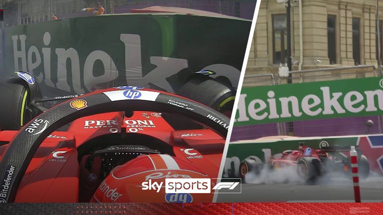 Watch as Charles Leclerc drives into the wall in P1 of the Azerbaijan Grand Prix.