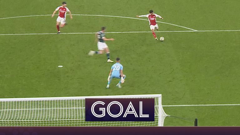 Ethan Nwaneri scores his second goal for Arsenal against Bolton in the Carabao Cup.