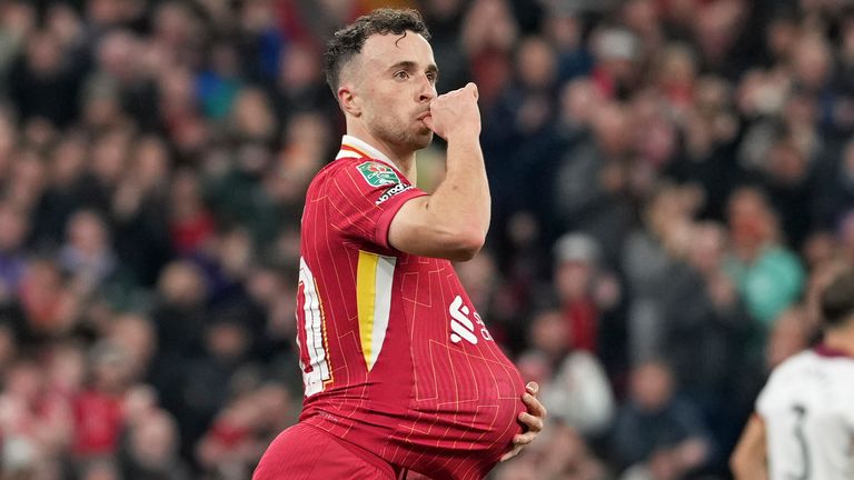 Liverpool's Diogo Jota celebrates after scoring his team's first goal in the Carabao Cup match against West Ham