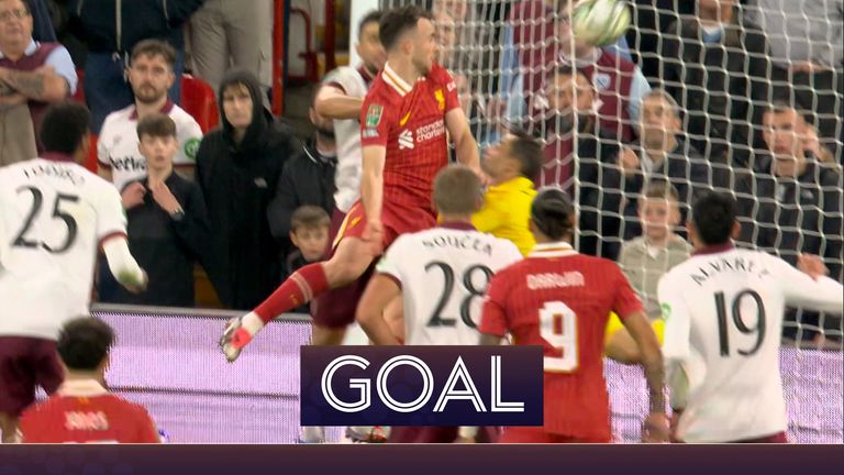 Diogo Jota scores Liverpool's equaliser against West Ham in the Carabao Cup