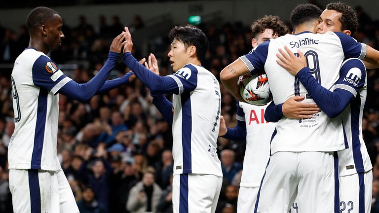 Tottenham players celebrate after a goal during the Europa League soccer match between Tottenham and Qarabag