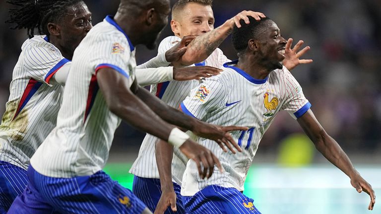 France's Ousmane Dembele celebrates scoring for France vs Belgium
