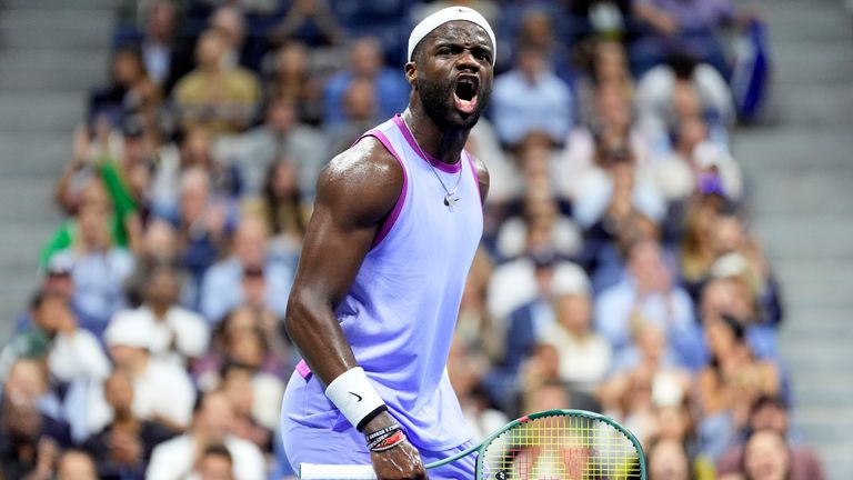 Frances Tiafoe, of the United States, celebrates after winning a point against Grigor Dimitrov, of Bulgaria, during the quarterfinals of the U.S. Open tennis championships, Tuesday, Sept. 3, 2024, in New York. (AP Photo/Eduardo Munoz Alvarez)