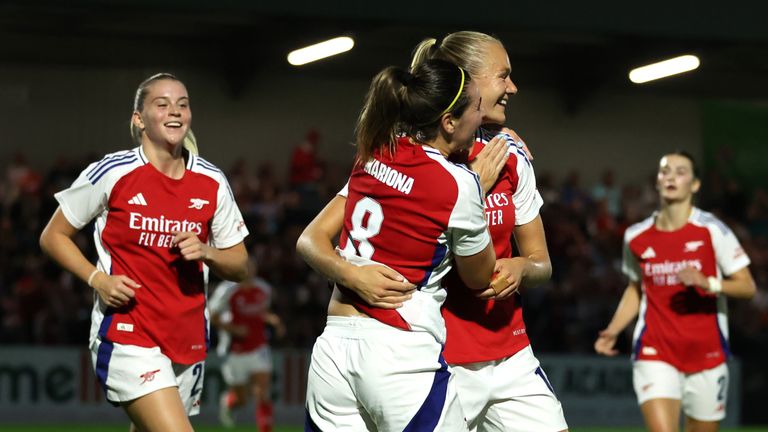 Frida Maanum celebrates scoring Arsenal's first goal against Rosenborg