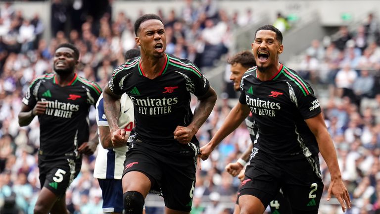 Arsenal's Gabriel celebrates his goal in the north London derby