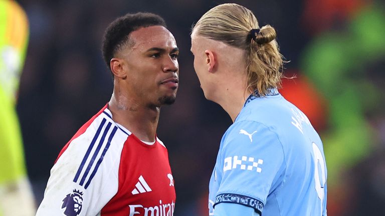 Gabriel and Erling Haaland square up at the Etihad Stadium