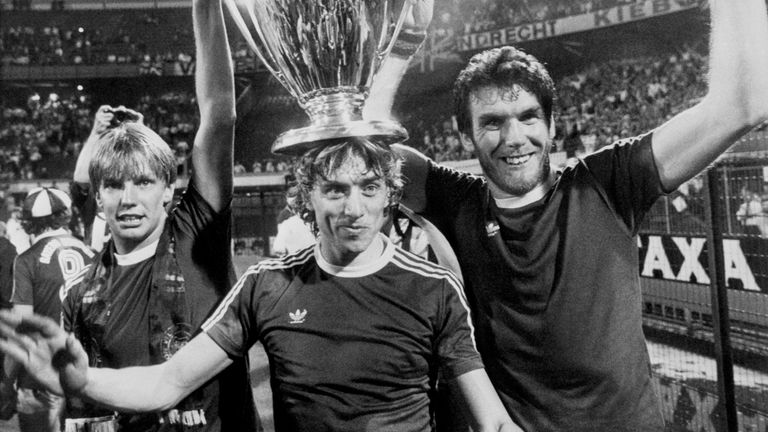 Gary Shaw (left) celebrates with Tony Morley and Peter Withe after Villa beat Bayern Munich 1-0 to win the 1982 European Cup