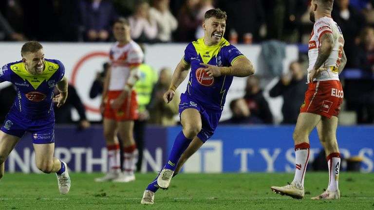 Warrington Wolves v St Helens - Betfred Super League - Play Off - Eliminator - Halliwell Jones Stadium
Warrington Wolves' George Williams celebrates scoring a golden point drop-goal to win the Betfred Super League, play off, eliminator match at The Halliwell Jones Stadium, Warrington. Picture date: Saturday September 28, 2024.