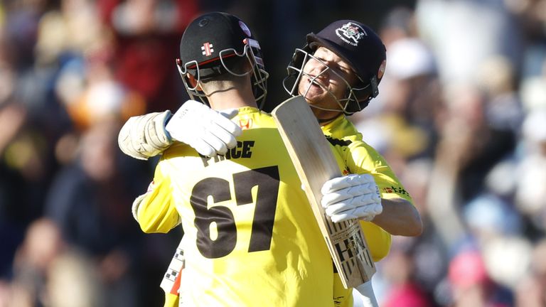 Gloucestershire CCC v Sussex Sharks CCC- Vitality Blast T20 - Semi Final - Edgbaston
Gloucestershire's James Bracey celebrates hitting the winning runs with team-mate Oliver Price during the Vitality Blast T20 semi-final match at Edgbaston, Birmingham. Picture date: Saturday September 14, 2024.