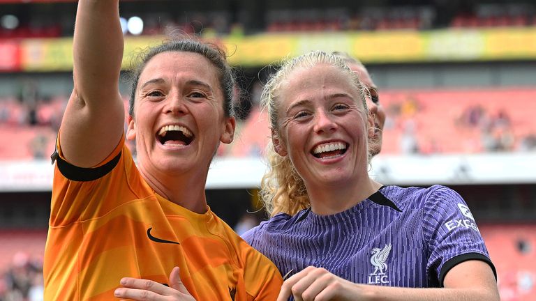 Rachael Laws (left) and Grace Fisk celebrate Liverpool's victory over Arsenal at the Emirates last season. 