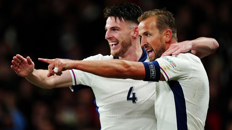 England's Harry Kane (right) celebrates with Declan Rice after scoring the opening goal of the game during the UEFA Nations League Group B2 match at Wembley Stadium, London. Picture date: Tuesday September 10, 2024.