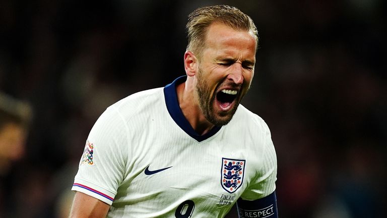 England's Harry Kane celebrates after scoring the opening goal of the game during the UEFA Nations League Group B2 match at Wembley Stadium, London. Picture date: Tuesday September 10, 2024.