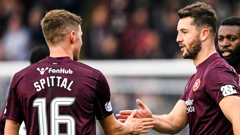 PAISLEY, SCOTLAND - SEPTEMBER 21: Hearts' Craig Halkett celebrates with Blair Spittal as he scores to make it 1-1 during a William Hill Scottish Premiership match between St Mirren and Heart of Midlothian at SMiSA Stadium, on September 21, 2024, in Paisley, Scotland. (Photo by Rob Casey / SNS Group)