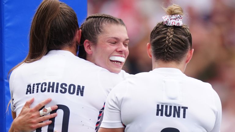 England's Helena Rowland scores their third try during the Women's International match at Kingsholm Stadium, Gloucester. Picture date: Saturday September 7, 2024. 