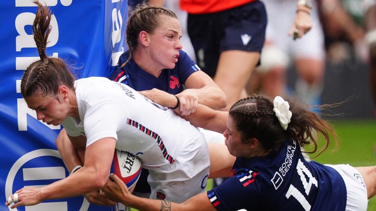 England's Helena Rowland scores their third try during the Women's International match at Kingsholm Stadium, Gloucester. Picture date: Saturday September 7, 2024.