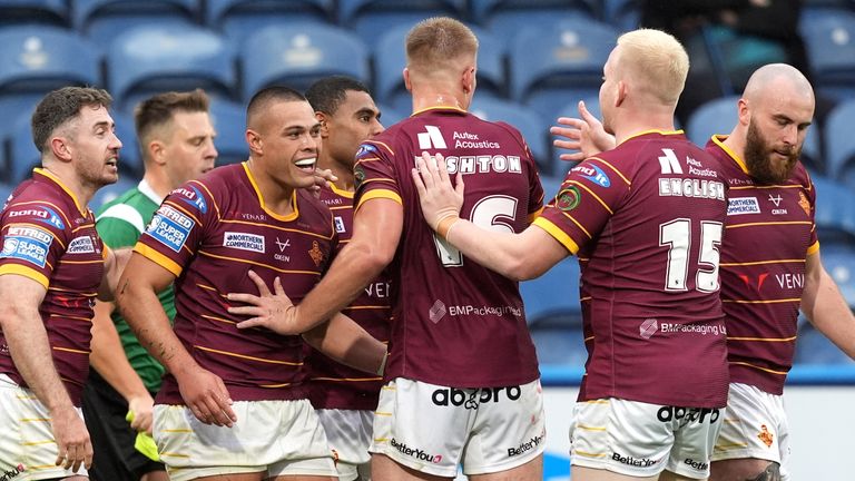 Huddersfield Giants' Tuimoala Lolohea celebrates scoring their side's second try of the game during the Betfred Super League match at The John Smith's Stadium, Huddersfield. Picture date: Sunday September 8, 2024.
