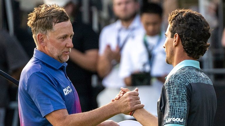 Co-Captain Ian Poulter of Majesticks GC and Captain Joaqu..n Niemann of Torque GC shake hands after the final round of LIV Golf Chicago at Bolingbrook Golf Club on Sunday, September 15, 2024 in Bolingbrook, Illinois. (Photo by Montana Pritchard/LIV Golf via AP)