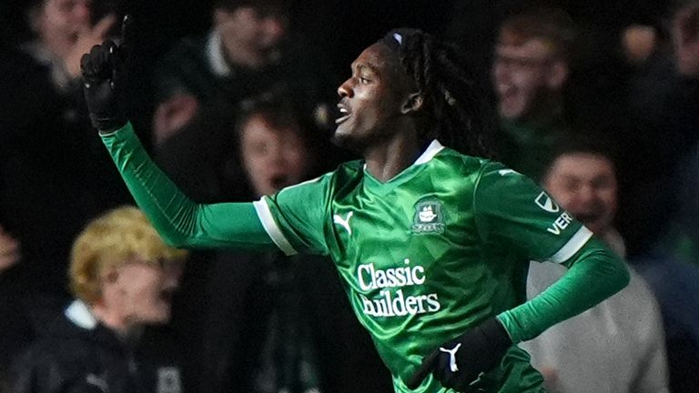 Ibrahim Cissoko celebrates scoring Plymouth's second goal. 