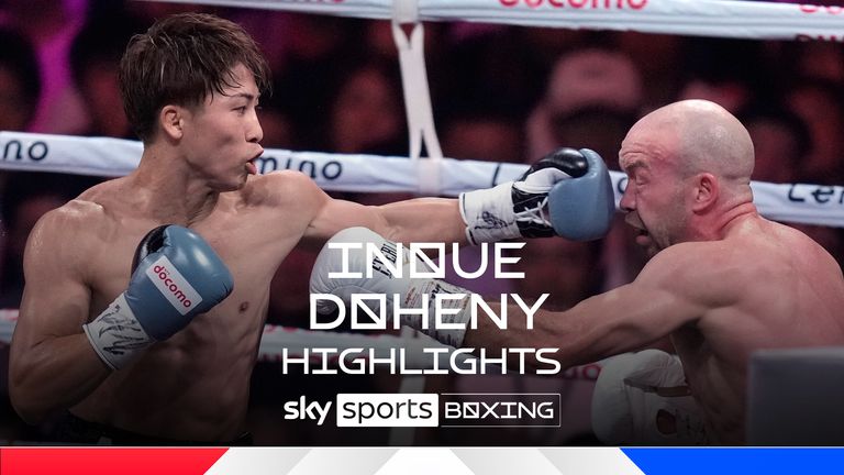 La campeona japonesa Naoya Inoue, izquierda, y el retador irlandés TJ Doheny, a la derecha, durante la primera ronda de un combate de boxeo para los títulos mundiales unificados de la AMB, WBC, IBF y SUPER BANTAM BANTAM en Tokio, el martes 3 de septiembre, 2024. (AP Poto/Hiro Komae)