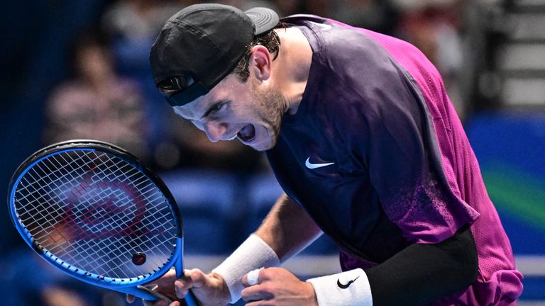 Britain's Jack Draper reacts after a point against Poland's Hubert Hurkacz during their men's singles match at the Japan Open tennis tournament in Tokyo on September 27, 2024. (Photo by Yuichi YAMAZAKI / AFP)