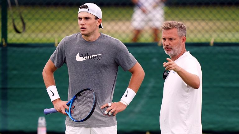 Jack Draper and coach James Trotman practising at the All England Lawn Tennis and Croquet Club in Wimbledon ahead of the Wimbledon Championships, which begins on July 1st. Picture date: Thursday June 27, 2024.