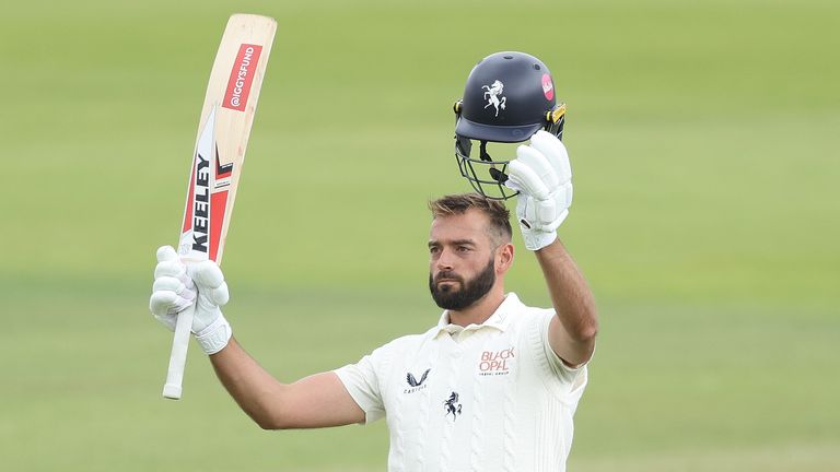 Jack Leaning of Kent celebrates reaching his century during the Vitality County Championship match between Hampshire and Kent at Utilita Bowl on July 02, 2024 in Southampton, England.