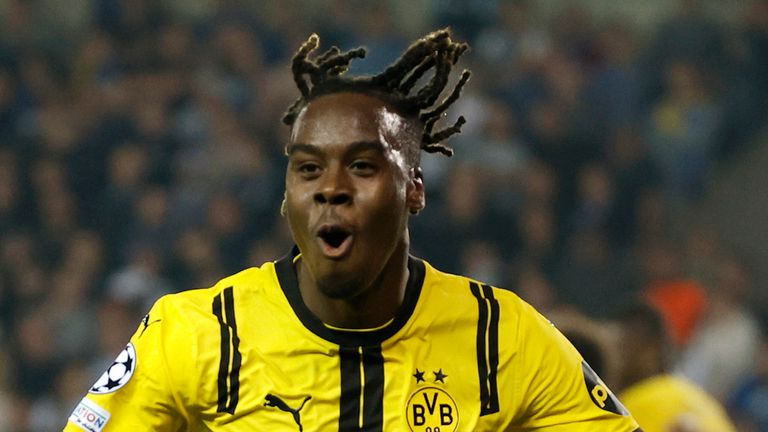 Dortmund's Jamie Gittens celebrates after he scored his second goal during the Champions League opening phase soccer match between Club Brugge and Borussia Dortmund at Jan Breydelstadion in Bruges, Belgium, Wednesday, Sept. 18, 2024. (AP Photo/Omar Havana)