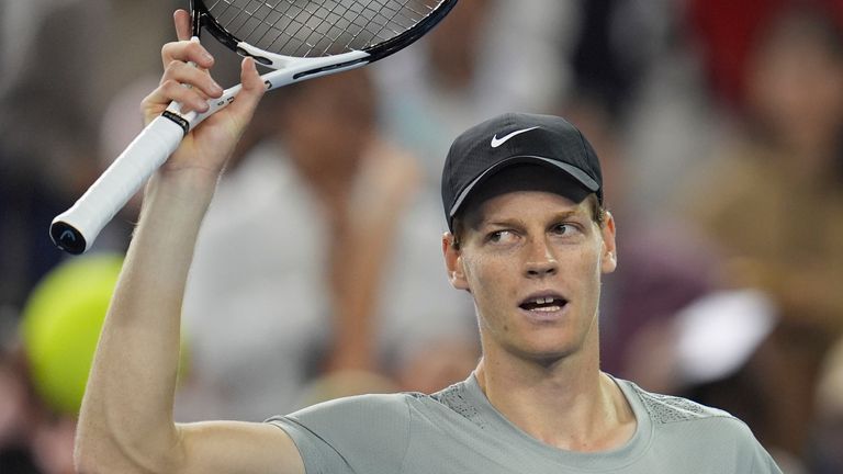 Jannik Sinner of Italy celebrates after defeating Jiri Lehecka of the Czech Republic during the Men's singles quarterfinal match of the China Open tennis tournament held at the National Tennis Center in Beijing, Monday, Sept. 30, 2024. (AP Photo/Ng Han Guan)