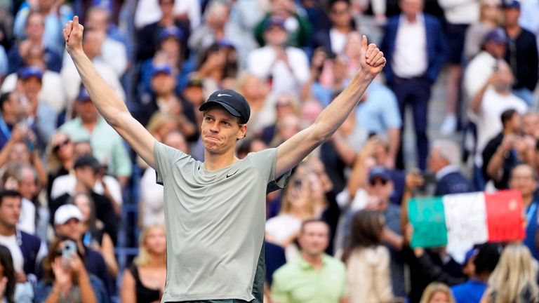 Jannik Sinner, of Italy, reacts after defeating Taylor Fritz, of the United States, to win the men's singles final of the U.S. Open tennis championships, Sunday, Sept. 8, 2024, in New York. (AP Photo/Kirsty Wigglesworth)