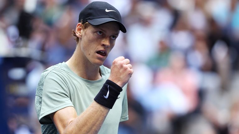 Jannik Sinner of Italy celebrates a point against Taylor Fritz of the United States during their Men's Singles Final match on Day Fourteen of the 2024 US Open at USTA Billie Jean King National Tennis Center on September 08, 2024 in the Flushing neighborhood of the Queens borough of New York City. (Photo by Matthew Stockman/Getty Images)