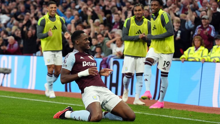 Jhon Duran celebrates after putting Villa 3-2 up