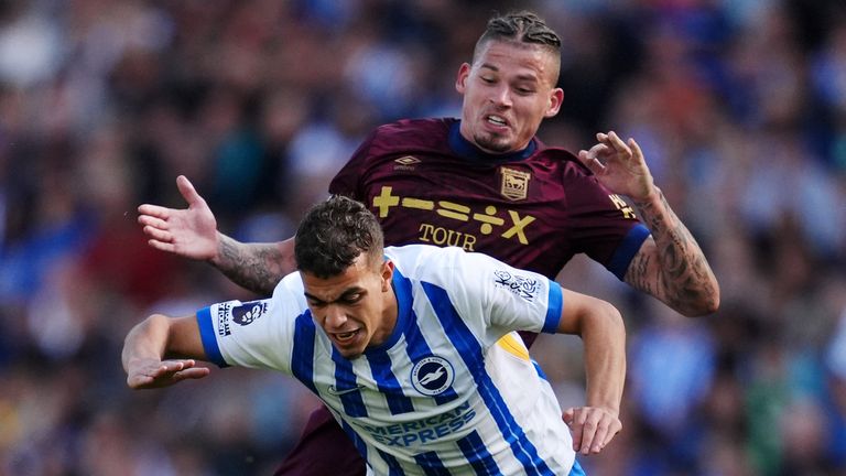 Ipswich Town's Kalvin Phillips (top) and Brighton's Yasin Ayari in action