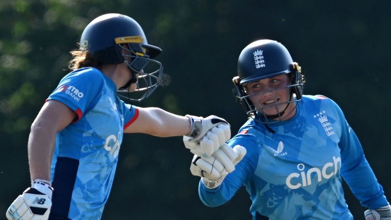 England�s winning partnership of Captain Kate Cross and Bess Heath during the First Women's One Day International match at Civil Service Cricket Club, Stormont. Picture date: Saturday September 7, 2024.