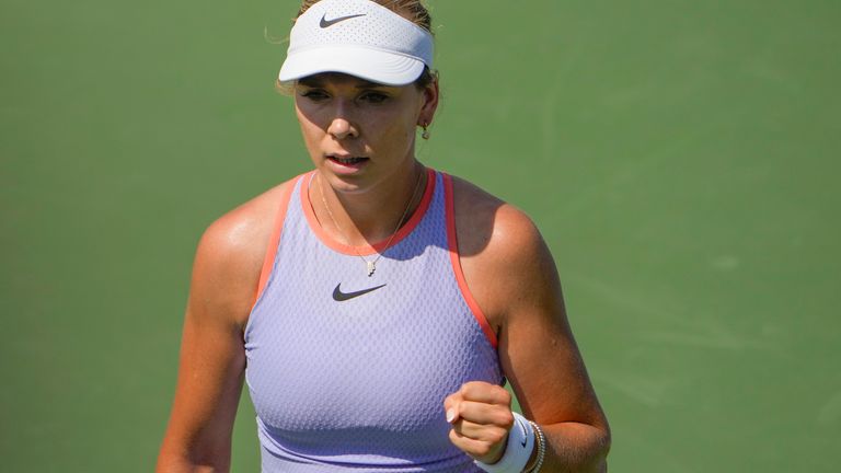 Katie Boulter, of Great Britain, reacts after scoring a point against Aliaksandra Sasnovich, of Belarus, during the first round of the U.S. Open tennis championships, Tuesday, Aug. 27, 2024, in New York. (AP Photo/Julia Nikhinson)